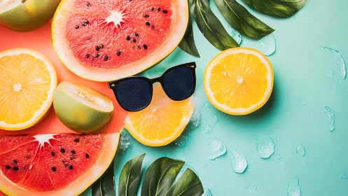 Citrus and watermelon flatlay with sunglasses on teal backdrop.