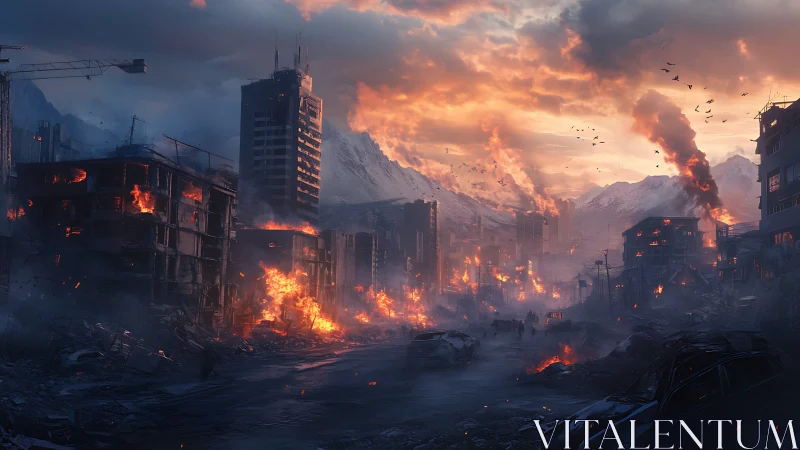 Post-apocalyptic city street burns beneath dense orange smoke