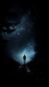 Silhouette stands on dark path beneath dense star field at night