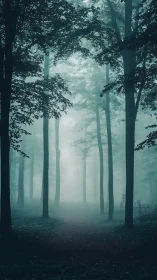 Misty Forest Path Through Tall Trees.