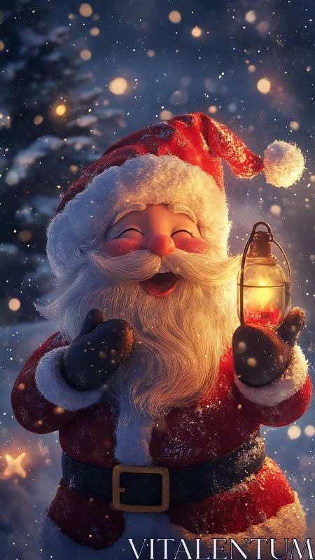 Digital painting of glowing Santa Claus in winter lantern light.