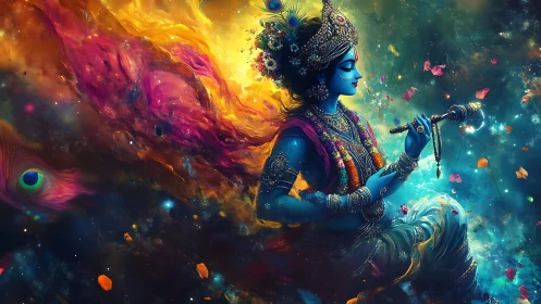 Divine blue deity plays flute amid swirling cosmic nebula