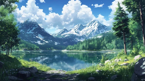 Mountain lake landscape under bright summer sky.