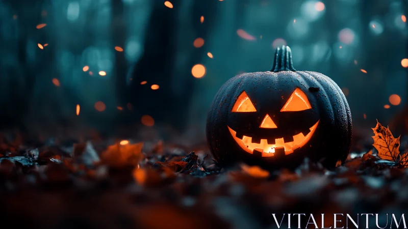 Jack o’lantern grin ignites a misty, ember-lit forest night.