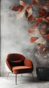 Rust-toned lounge chair against textured leaf mural in soft side light