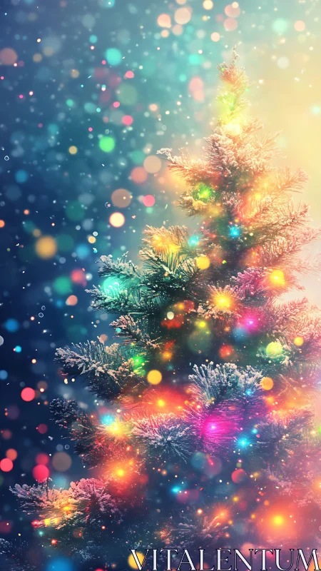 Snow-dusted Christmas tree glows with dreamy bokeh lights.