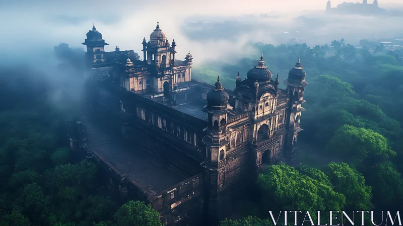 Photorealistic misted palace above emerald forest canopy.