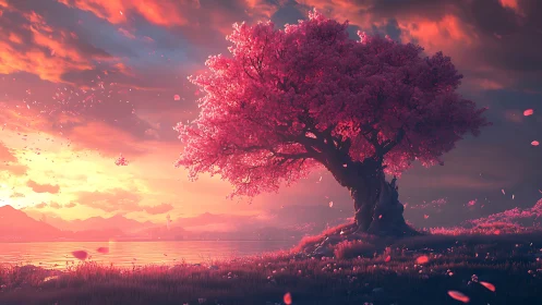 Pink blossom tree dominates lakeside sunset landscape view