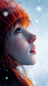 Side profile of red haired person in falling winter snow.