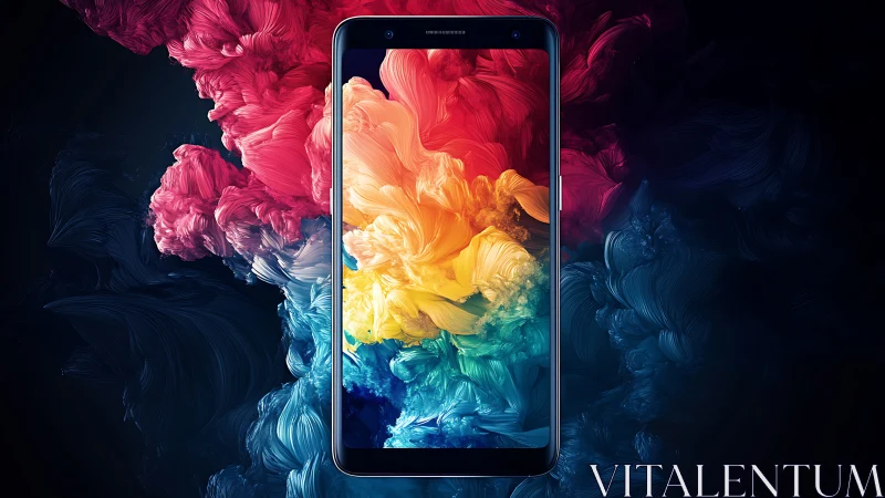 Smartphone display contains abstract fluid color gradients.