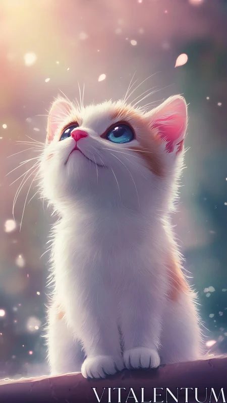 White Kitten with Pink Ears Gazing Upward in Dreamlike Aura.