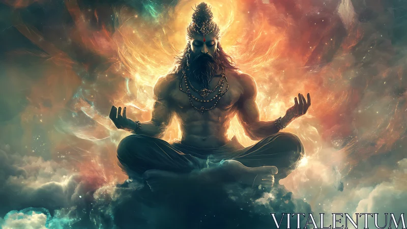 Mythic ascetic in luminescent cosmic meditation field.