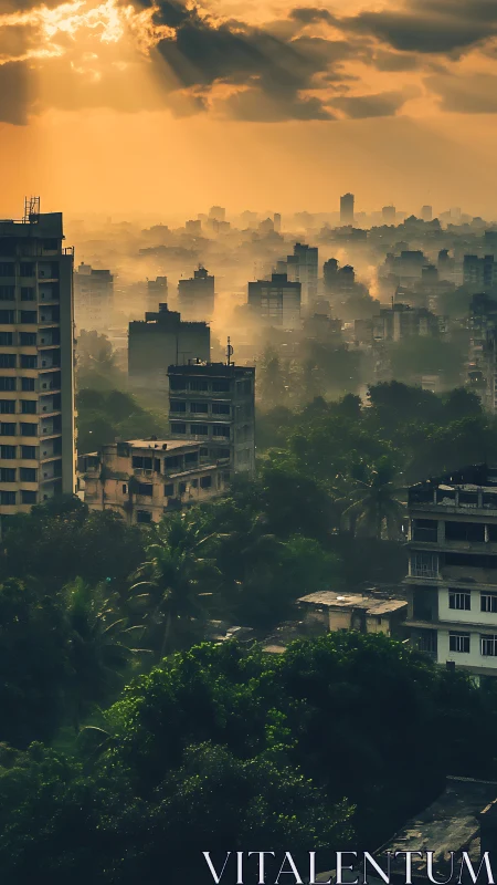Atmospheric urban skyline under volumetric crepuscular light.