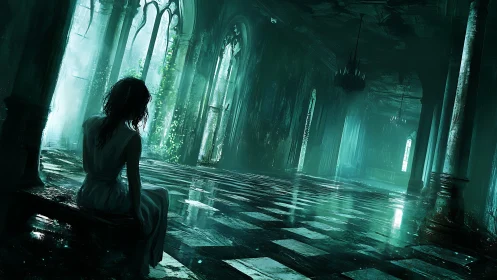 Solitary figure in decayed neo‑gothic hall with spectral light.