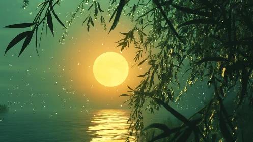 Moonlit lagoon framed by dewy branches at twilight.