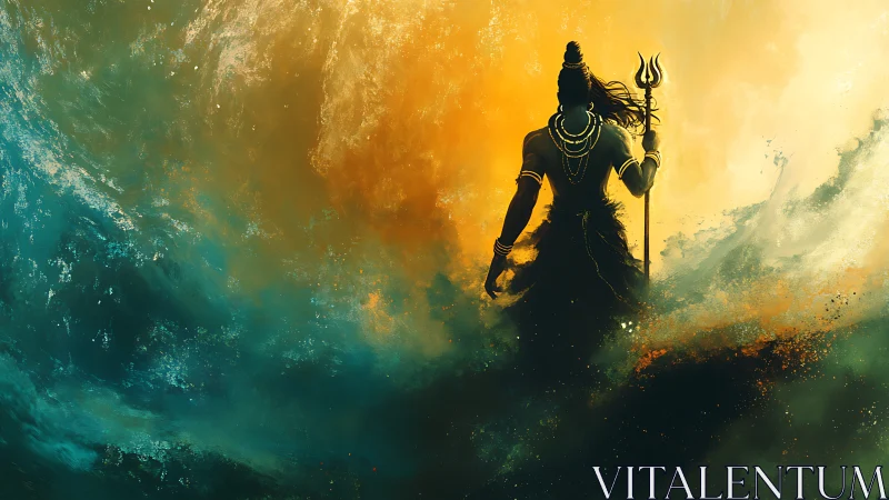 Silhouetted figure with trident stands amid swirling light