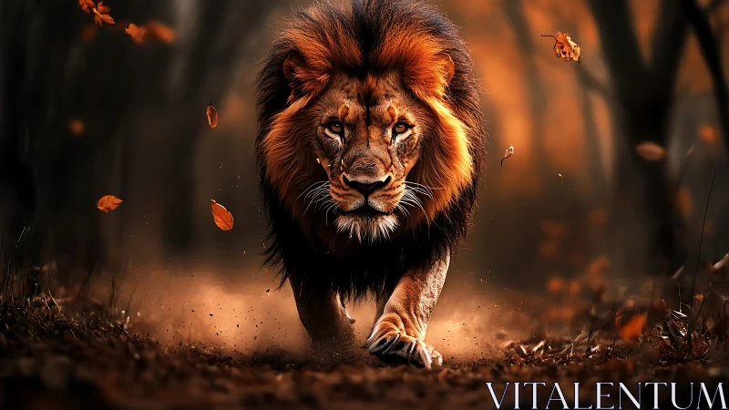 Charging lion strides through autumn forest in warm haze