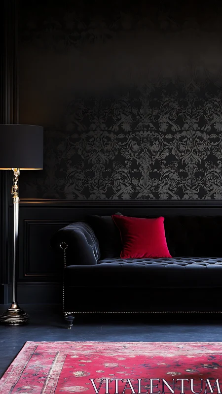 Velvet noir parlor with a solitary crimson whisper pillow.