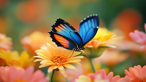 Blue butterfly rests on vivid orange daisy in soft bloomscape.