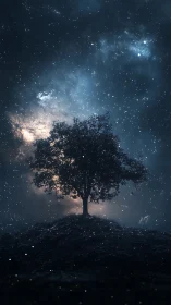 Solitary hilltop tree quietly rewrites the glowing night sky