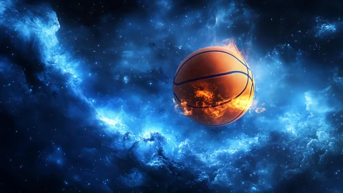 Fiery basketball orbits through luminous blue cosmic nebula