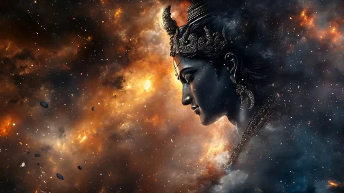 Cosmic goddess profile emerging from glowing nebula cloud.