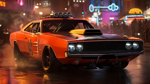 Muscle car dominates neon city street with cinematic stance.