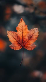 Single orange maple leaf suspended against dark blur.
