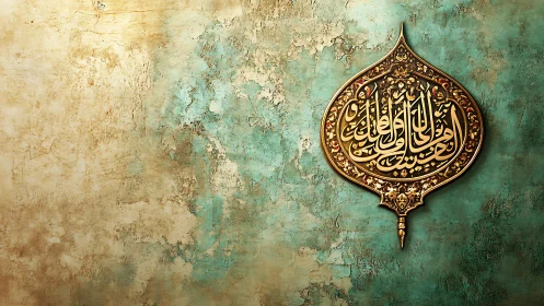 Ornate Arabic calligraphy emblem on aged teal wall.