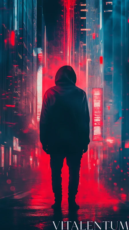 Hooded figure stands in neon alley under intense red glow