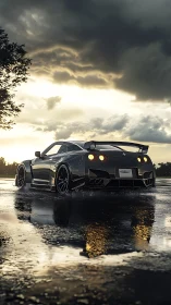 Modified sports coupe is parked on wet asphalt at sunset