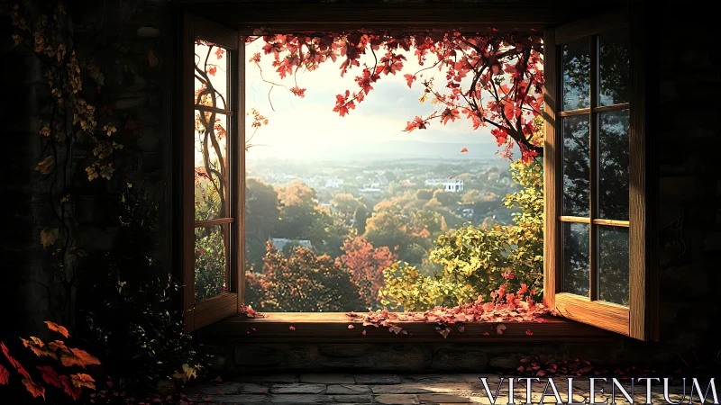 Crimson autumn spills through a quiet window into the valley