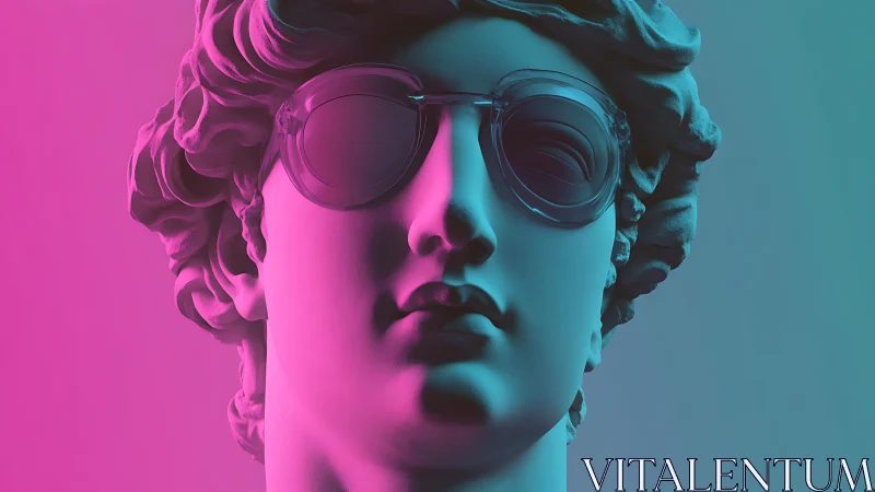 Classical marble bust with sunglasses in neon lighting.
