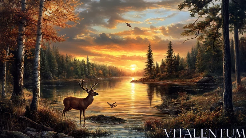 Gentle stag at a glowing forest lake sunset dreamscape.