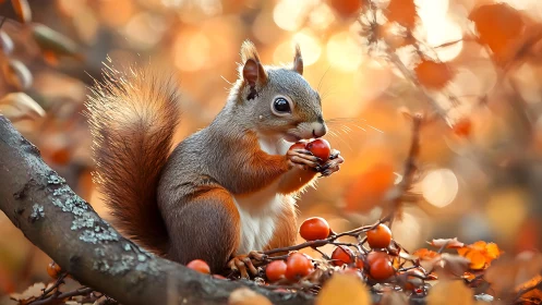 Curious squirrel savors bright berries in glowing autumn forest