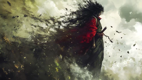 Samurai warrior stands in turbulent, wind-torn abstract storm
