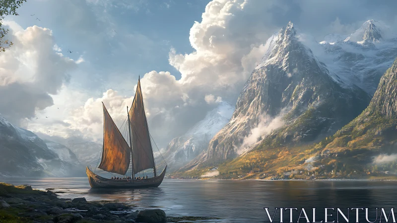 Viking longship under full sail crossing misty Nordic fjord