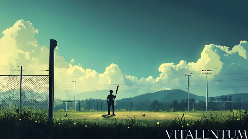 Silhouetted youth with bat on empty field under clouded sky.