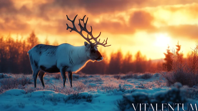 Reindeer silhouette in golden winter sunrise landscape.