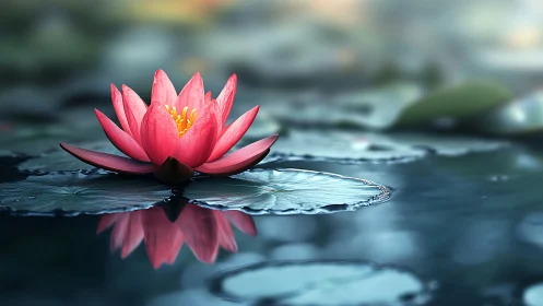 Serene pink lotus in reflective blue pond at dawn light.