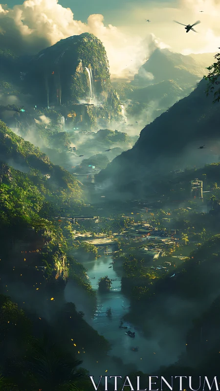 Lush river valley city glowing beneath misty green peaks.