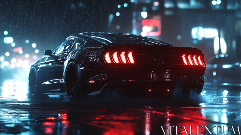 Muscle car taillights glow through neon rain city night.