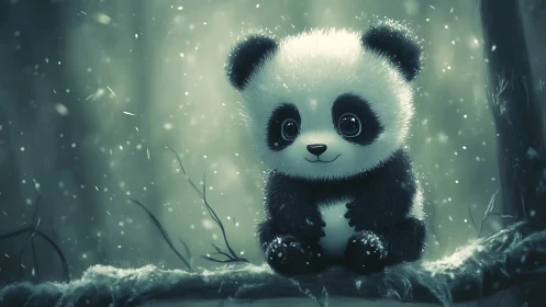 Baby panda character sits on snowy branch in soft light
