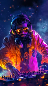 Neon blaze DJ weaving firelit beats in chromatic night.
