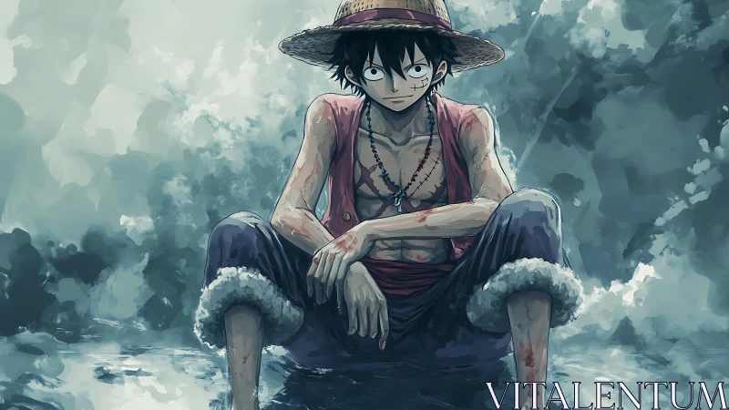 Weathered young pirate resting in a stormy blue seascape.