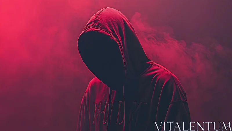 Hooded figure stands shrouded in red smoke and deep shadow