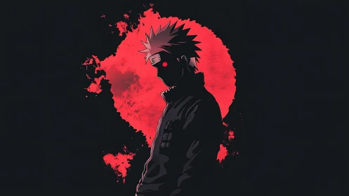 Shadowed ninja silhouette before a blazing red moon.