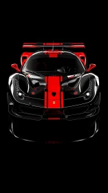 Black race car front view with bold red center stripes.