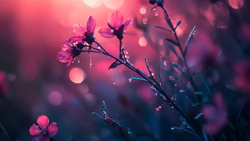 Macro Floral with Crystalline Frost: Deep Pink Blossoms in Bokeh Luminescence