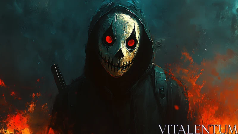 Hooded skeletal figure with red-lens mask amid rising flames